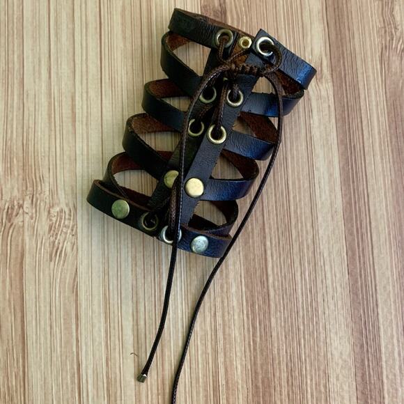 Brown Leather Wrap Bracelet and Arm Cuff Adjustable New Boho Gold Studs - Picture 2 of 7